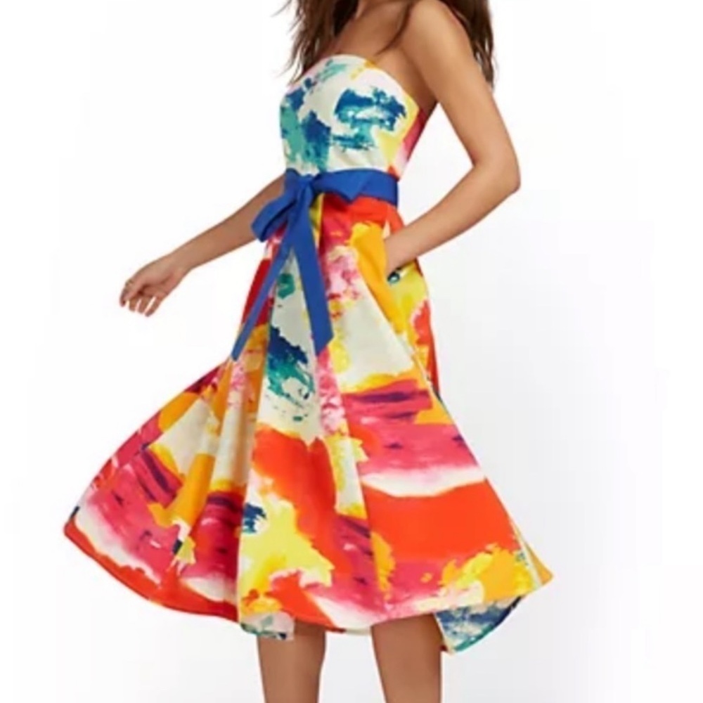 New York & Company Multicolor Strapless Midi Dress with Blue Belt